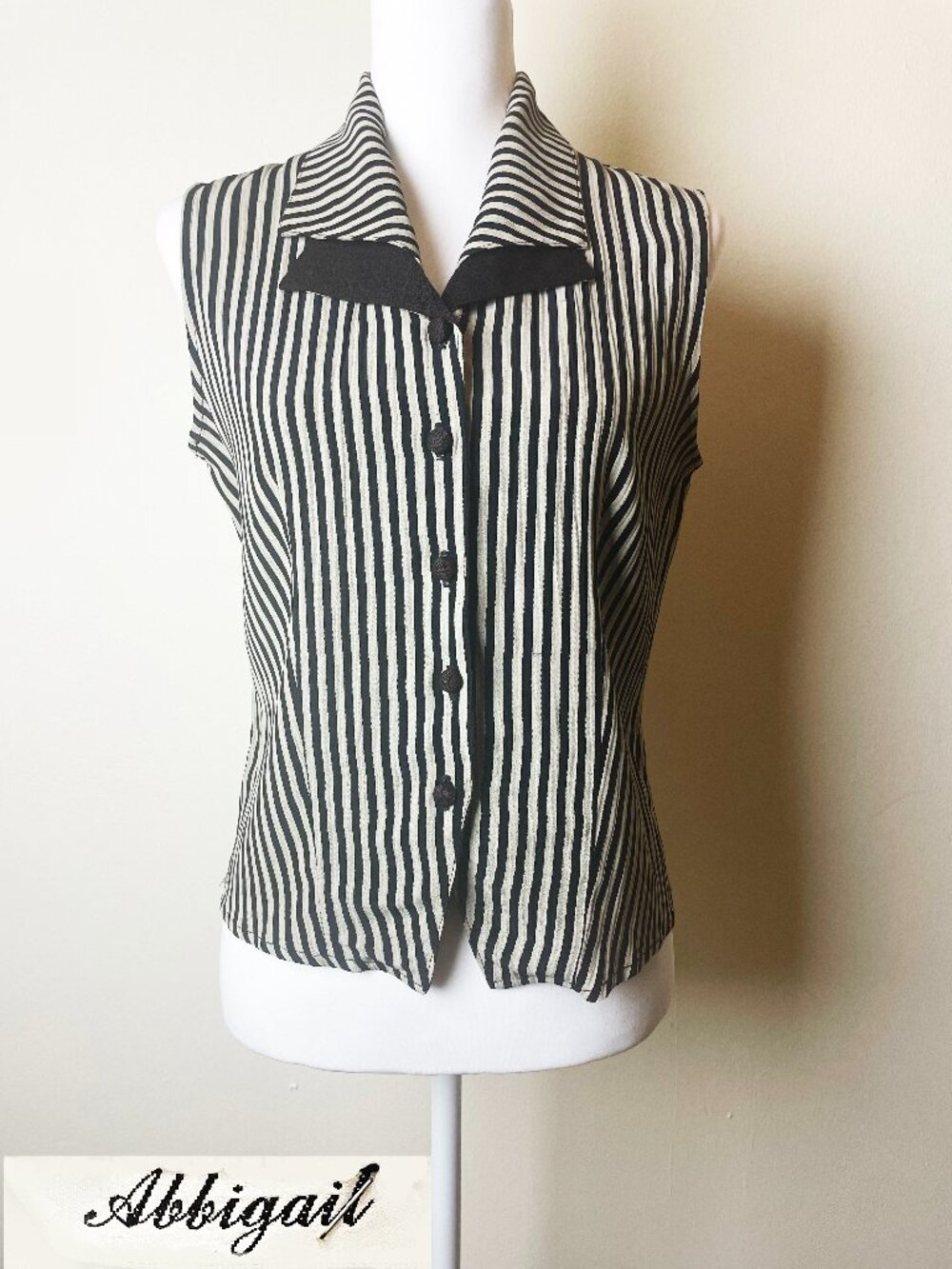 Abbigail Vintage Sleeveless Striped Button Down Top Black Off White Blouse